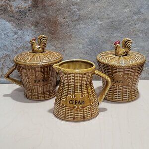 Vintage Basket Weave Rooster Lid Creamer Sugar Bowl Jam Set of 3